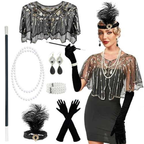 Image of GOTRUST 7PCS 1920s Accessories Set for Women, Flapper Great Gatsby Costume, Fashion Roaring 20's Theme Accessories Ladies Charleston Fancy Dress Up Set