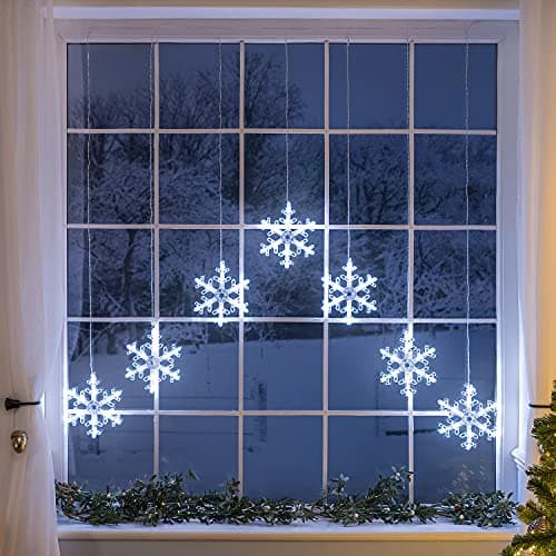 Image of CHRISTOW Christmas Curtain Lights for Windows, 7 Snowflake String Light Decoration, 84 White LEDs, Indoor Outdoor Home Garden Xmas Lighting, Battery Operated with Timer Function (W84cm x H90cm)