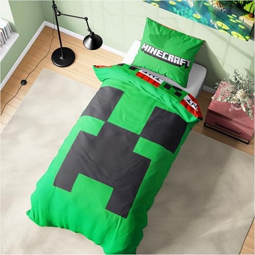 Image of Get Trend Minecraft Single Duvet Cover Set Kids & Teens, Reversible Bedding & Pillowcase for Boys & Girls, Bedroom Accessories, Anime Gifts for Boys (Green Minecraft, Single)