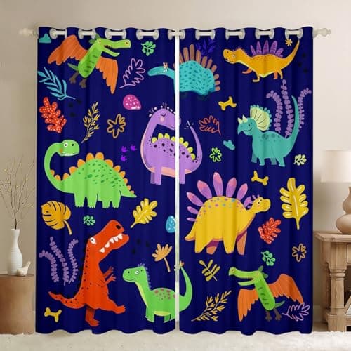 Image of Manfei Colorful Dinosaur Blackout Curtain,Cartoon Animals Boys Curtains for Kids Teens Girls Room Decor,Tropical Palm Leaves Window Treatment Curtain Navy Blue Modern Window Drapes,2 Panels,66Wx90L