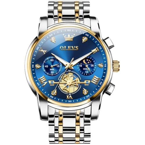 Image of OLEVS Mens Watches Luxury Gold Silver Stainless Steel Men's Chronograph Watch Big Face Blue Roman Numerals Tourbillon Dial Watch Men Classic Diamond Waterproof Luminous Analog Quartz Watches for Men