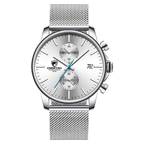 Image of GOLDEN HOUR Men’s Watch Fashion Sleek Minimalist Quartz Analog Mesh Stainless Steel Waterproof Chronograph Watches, Auto Date in Blue Hands, Color: Silver White