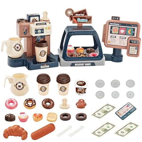 Image of deAO Kids Coffee Shop Role Play Set with Working Coffee Machine, Dessert Display, Coffee Maker Play Set with Dessert Accessories, Interactive Toys with Lights & Sounds, Birthday Gift for Kids 3+​​