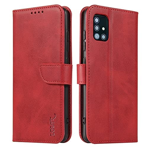 Image of LOLFZ Wallet Case for Samsung Galaxy A51, Vintage Leather Book Case with Card Holder Kickstand Magnetic Closure Flip Case Cover for Samsung Galaxy A51 - Red