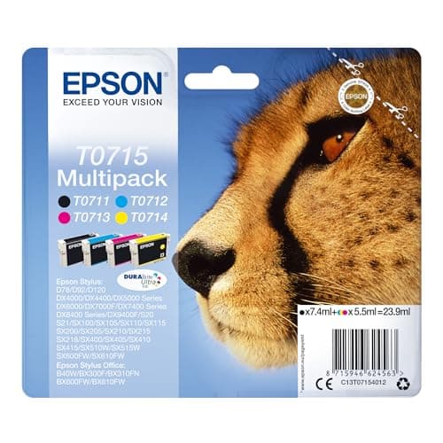 Image of Epson T0715 Cheetah Genuine Multipack, 4-colours Ink Cartridges, DURABrite Ultra Ink,Black/Cyan/Magenta/Yellow
