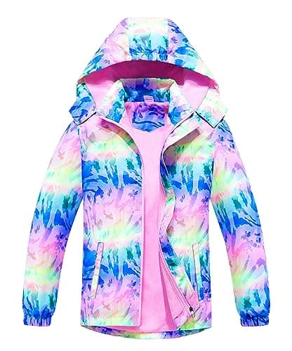 Image of CAMLAKEE Girls Waterproof Jackets Kids Raincoats FLeece Lined Printed Hooded Coat Outdoor Windbreaker Violets UK:7-8 years (manufacturers's size: 130)