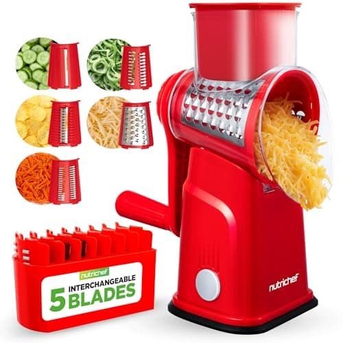 Image of NutriChef Rotary Cheese Grater 5 in 1 – Manual Vegetable Slicer and Cheese Shredder with 5 Interchangeable Blades and Storage Container, Strong Suction Base