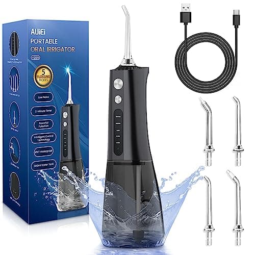 Image of AUIEI Water Flosser for Teeth Cordless, Professional Oral Irrigator 5 Modes & 4 Jet Tips USB-C Rechargeable Teeth Cleaner Portable 300ML Dental Tooth Care Tool Kits Home Use Travel (Black)
