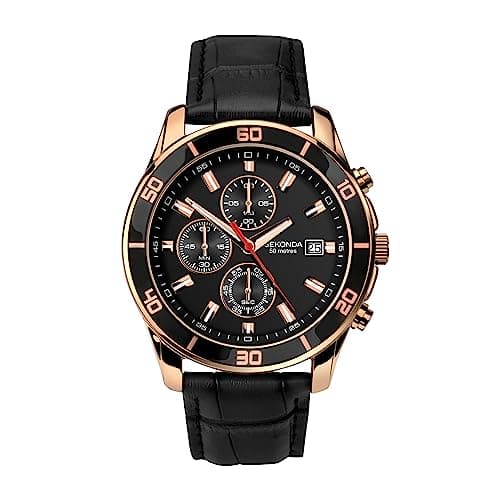 Image of Sekonda Midnight Mens Watch – 44mm Chronograph Watch for Men with Black Dial, Date Display and Leather Strap – 50m Water Resistant – 2 Year Warranty