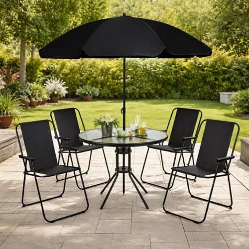 Image of Garden Mile 4 Seater Patio Dining Set with Parasol Garden Table and Chairs Set with 4 Foldable Chairs, Outdoor Dining Furniture with Tempered Glass Table Balcony Garden Furniture (Black)