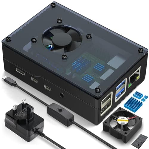 Image of Miuzei Case for Raspberry Pi 4 with 5V 3A USB-C On/Off Switch 15W Power Supply Housing Visible Acrylic Fan Cooling Aluminium Heatsink for Raspberry Pi 4B Only （UK plug)