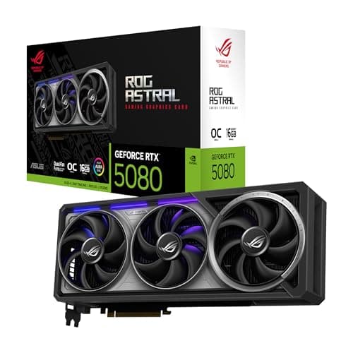 Image of ASUS ROG Astral GeForce RTX 5080 OC Edition Gaming Graphics Card (PCIe 5.0, 16GB GDDR7, HDMI/DP 2.1, 3.8 slot, 4 fan design, Axial tech fans, patented vapor chamber, Phase change GPU thermal pad)