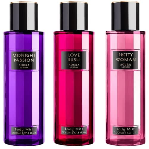 Image of Aoura London Womens Love Rush, Pretty Woman, Midnight Passion Body Mist Mixed Fragrance Spray 220ml Bundle (Pack of 3)