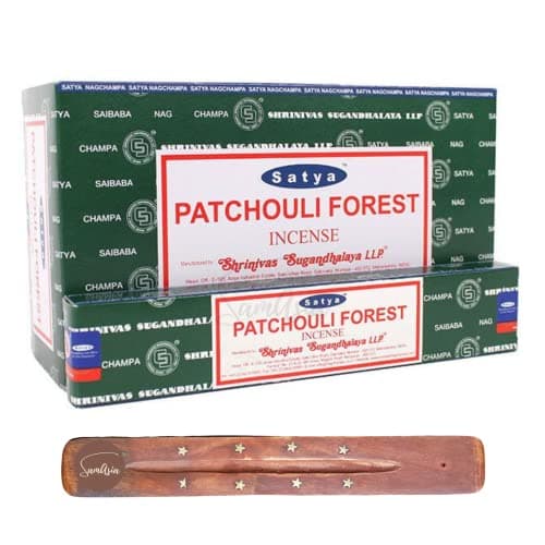 Image of Satya Nag Champa Patchouli Forest Incense Sticks | x12 pack | with SAMASIA incense sticks holder | Used for Paomatherapy, Spa, Yoga, Weddings, Meditation, Healing, Positivity and Relaxation