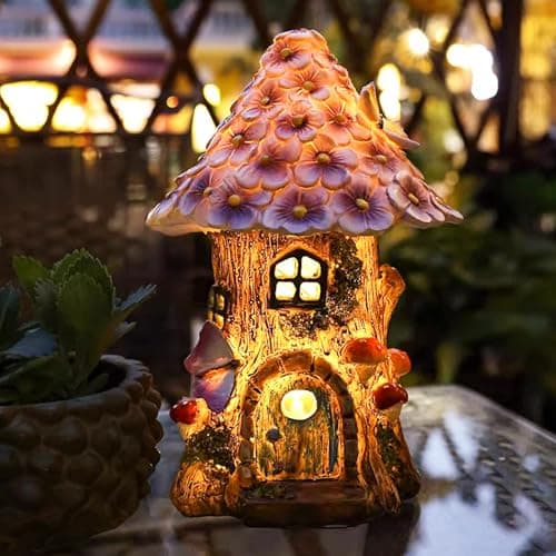 Image of Solar garden decoration for outdoors, fairy mushroom house for outdoor use, made of synthetic resin, IP44 waterproof, 6-12 hours, fairy house garden decoration, with solar lamp, for patio lawn