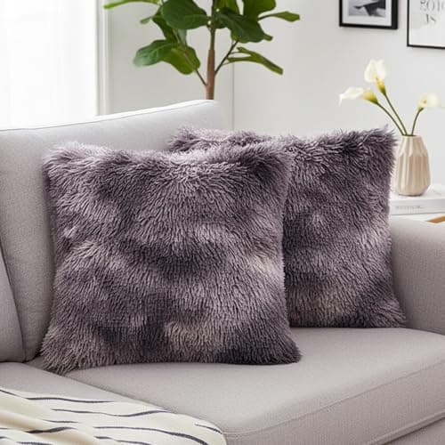 Image of Xqzbmt 2-Pack Faux Fur Cushion Covers 45x45cm - Grey Ombre Fluffy Pillow Decor, Soft Plush Cushion Covers Only for Sofa & Bedroom 18x18inches