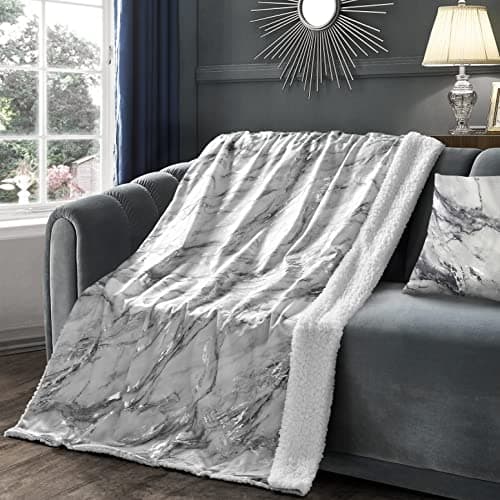 Image of Velosso Marble Foil Shimmer Plush with Sherpa Reverse Soft Fur Throw Blanket Reversible Fluffy Bed Throw Teddy Sofa Bed Blanket Travel Thermal Warm Sofa Throwover (Grey, 100x150cms)