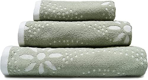 Image of Allure Floral Geo Design Bath Sheet 90 x 150cm - 100% Cotton Patterned Jacquard Large Bath Towel (Sage Green)