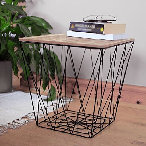 Image of Retro Black Metal Wire Square Wood Top Storage Side Table Basket Home Furniture