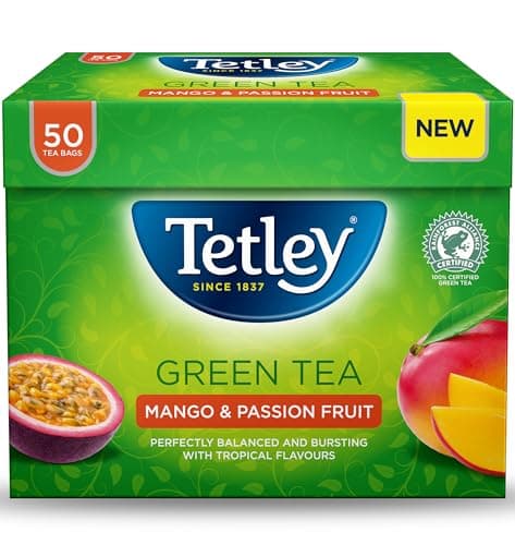Image of Tetley Mango & Passionfruit Green Tea, 50 Teabags - Rainforest Alliance Certified Green Tea Bags with Mango & Passionfruit - Light and Antioxidant-Rich Blend for a Fruity and Refreshing Brew
