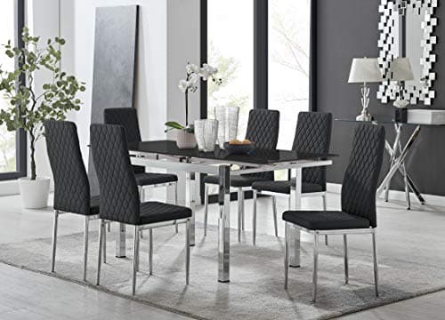 Image of Furniturebox UK Enna Black Glass Extending Dining Table and 6 Black Milan Chairs