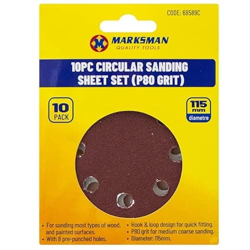 Image of 10pc Circular Sanding Sheet Set P80 grit MEDIUM 115mm Diametre Hook And Loop New. (Sanding Sheet (P80 grit) - 68589C)