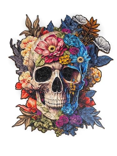 Image of Recent Toys Wooden Jigsaw Puzzle Fantasy Skull for Adults and Kids.232 Piece puzzle, large size 29 x 34 cm with Unique Shaped pieces. Includes wooden storage gift box and stand.
