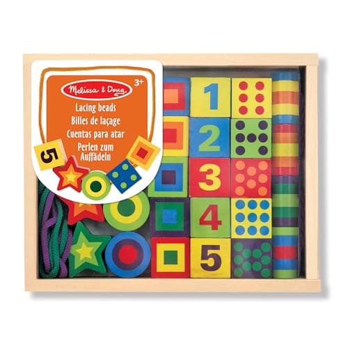 Image of Melissa & Doug Deluxe Wooden Lacing Beads - Educational Activity With 27 Beads and 2 Laces For Toddlers, Fine Motor Skills Lacing Toys For Toddlers And Kids Ages 3+