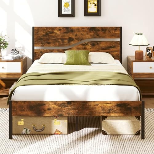Image of COSTWAY Single/Double/King Size Bed Frame, Industrial Metal Platform Bed Frame with Wood Headboard, Footboard and Underbed Storage, Metal Slats Support Mattress Foundation, Rustic Brown (4FT6 Double)