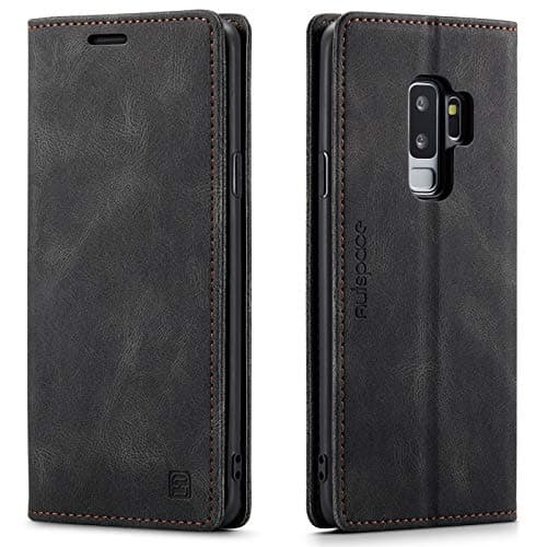 Image of LOLFZ Wallet Case for Samsung Galaxy S9 Plus, Magnetic Flip Leather Case with RFID Block Card Slots Kickstand Shockproof Protective Cover Compatible with Galaxy S9 Plus - Black
