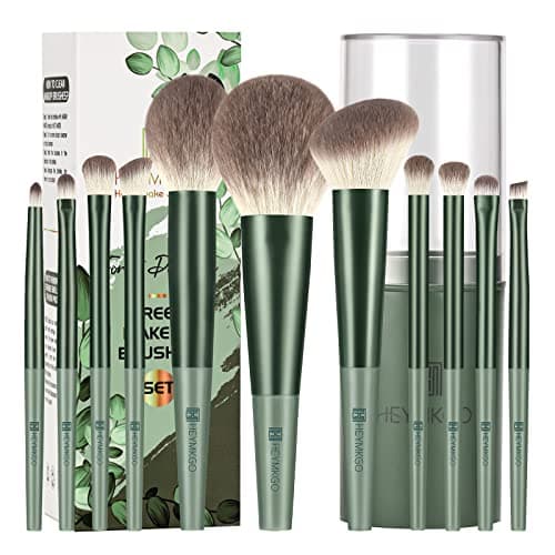 Image of HEYMKGO Makeup Brushes 11pcs Premium Synthetic Bristles Green Color Kabuki Foundation Brush Face Lip Eye Makeup Brush Sets Professional with Gift Box