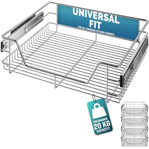 Image of CASARIA® 4x Pull Out Telescopic Kitchen Drawer | For 60cm Units - 56cm Internal Cabinet Dimensions | Chrome-Plated | 20kg Load Capacity | Basket Shelf Organiser Storage Space Saving