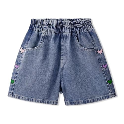 Image of Rolanko Girls Denim Shorts Elastic Waist Summer Ripped Hot Short Jeans with Pockets for Kids, Color Heart, Size: 10-11 Years,150