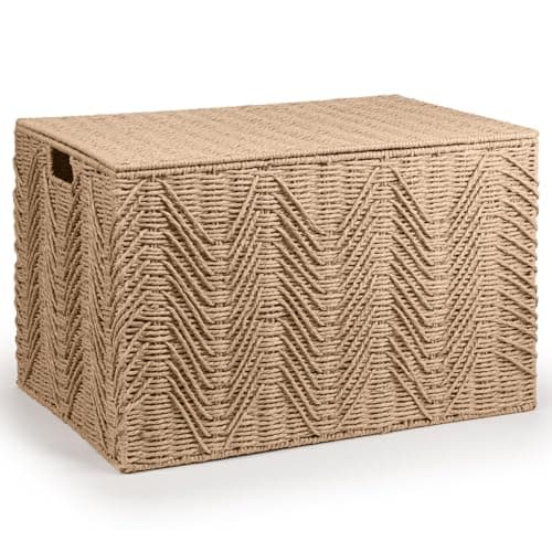 Image of woodluv Storage Basket Trunk Chest, Woven Storage Basket with Lid, Storage organiser, Basket Storage Bedding, Blanket & Toy Box, Large - Khaki