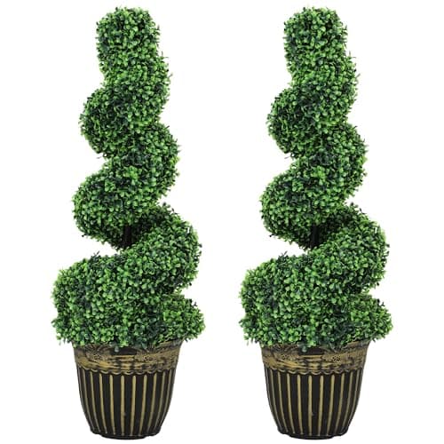 Image of HOMCOM Set of 2 Decorative Artificial Plants Topiary Spiral Boxwood Trees in Pot, Fake Plants for Home Indoor Outdoor Decor, 90cm, Green