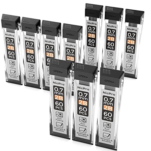 Image of Nicpro 600pcs Mechanical Pencil Refills 0.7 mm, Break Resistant Mechanical Pencil Refills 2B, 60 Pack Per Tube, 10 Tubes