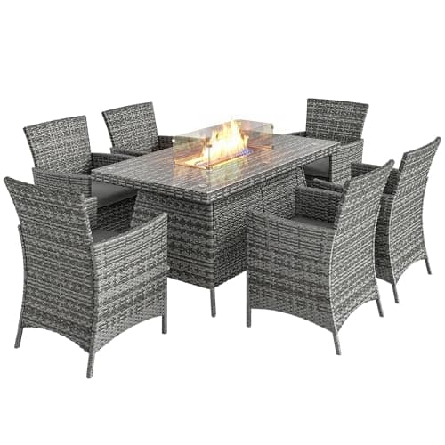 Image of Outsunny 7 Pieces Outdoor Rattan Garden Furniture with Fire Pit Table, 6 Seater Garden Table and Chairs with Cushions, Rattan Dining Set with Propane Heater Table, Windscreen, 50,000 BTU, Grey