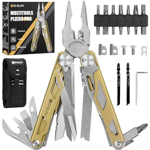 Image of BIBURY Multitools, Multi Tool Foldable Pliers with Upgraded Scissors and Screwdriver Set, Stainless Steel Multitools, Ideal for Camping, Outdoor, Repairing -Gift for Dad Men -Titanium Plating Gold Pro