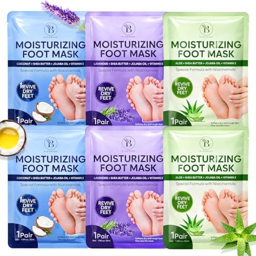 Image of 6 Pack Hydrating Foot Mask for Dry Cracked Feet – Restoring & Moisturising Socks with Aloe, Lavender & Coconut Extracts – Feet Mask for Women & Men Foot Care with Shea Butter, Jojoba Oil & Vitamin E