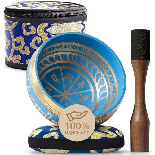 Image of Handmade Tibetan Etched Singing Bowl Set with Case – Meditation Bowl & Sound Bowl with Cushion, Mallet & Guide – Ancient Tibetan Meditation Bowl for Therapy – Spiritual Decor Enhancements