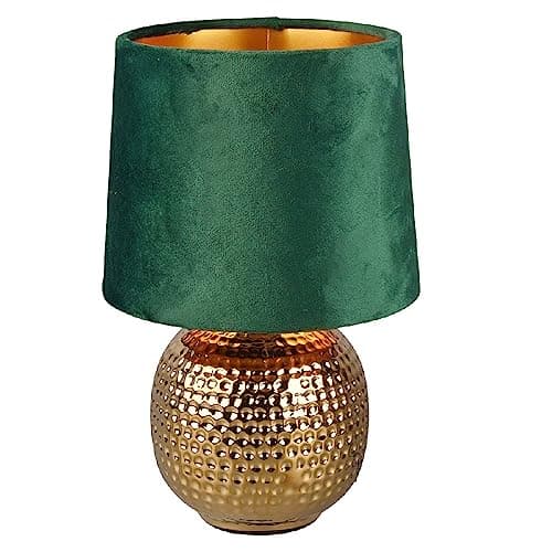 Image of Britalia Gold Ceramic Vintage Hammered Globe Table Desk Lamp with Green Velvet Shade | 26cm Height | 1 x SES E14 Lamp Bulb Required | UK Approved | Retro Design | Tapered Drum Lampshade