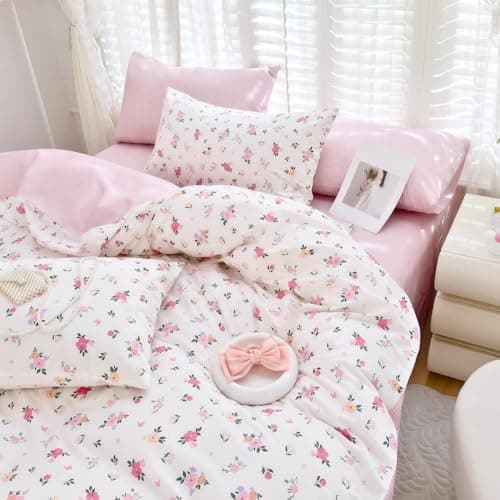Image of Michorinee Pink Floral Cotton King Size Duvet Cover Sets Aesthetic Cute Flower Plaid 100% Cotton Bedding 3pc Super Soft Breathable Quilt Cover 200x230 cm with Zipper Closure and 2 Pillowcases 50x75 cm