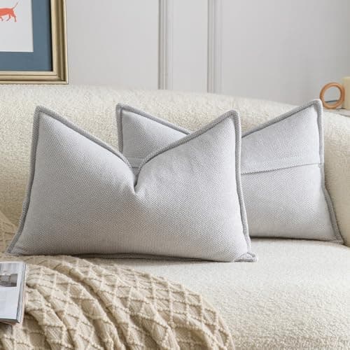 Image of Madizz Decorative Chenille Light Grey Cushion Covers 40x80 cm Pack of 2 Throw Pillows for Couch Sofa Boho Accent Pillow Cases for Bed Cushion for Bedroom Living Room Modern Home Decor