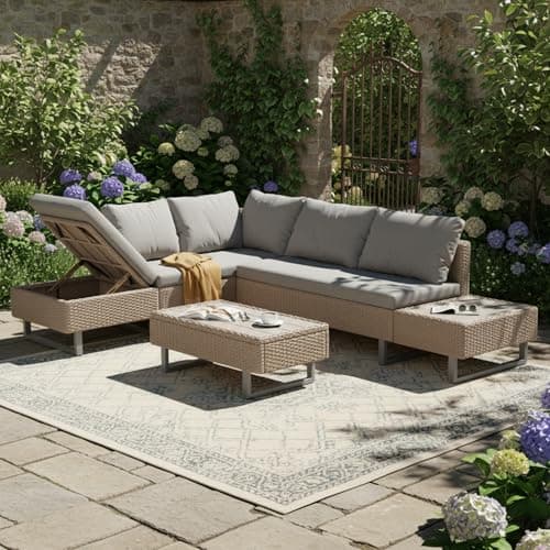 Image of Merax Rattan Garden Furniture Sofa 5-Seater, Garden Corner Sofa with Coffee Table, Garden Entertaining Funiture Set with Side Desk Storage, Anti-UV Removable and Washable Cushions, Khaki