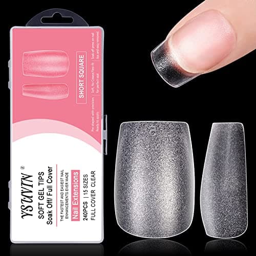 Image of Yueshop Soft Gel Full Cover Short Square Nail Tips -240PCS Gelly Gel Matte Full Cover Clear Break Resistant Nail Tips Kit 15 Sizes for DIY Manicure Nail Art Salon