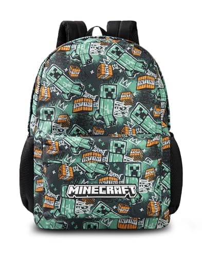 Image of Minecraft Creeper Kids Green Backpack | Zip-Up Rucksack with Pixel Pattern | School Bag for Books & Supplies | Unisex Gaming Bag | Minecraft Merch