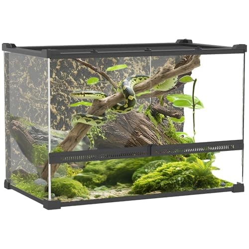 Image of PawHut Reptile Glass Terrarium, Reptile Vivarium with Stone Background, Front Ventilation, Escape-Proof Knob Lock, Glass Enclosure for Lizards, Horned Frogs, Snakes, 50 x 30 x 35 cm, Black