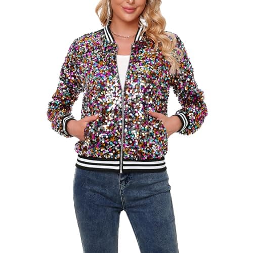 Image of YYPBI Women's Sequin Jacket with Pockets Long Sleeve Front Zipper Metallic Festival Party Bomber Jacket Multicolored S