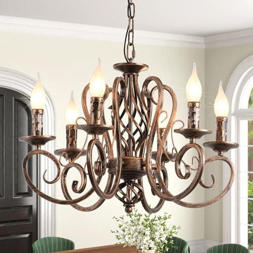 Image of Ganeed Chandeliers French Country Candle Wrought Iron Chandelier Rustic Farmhouse Pendant Light Fixture Hanging Lighting for Kitchen Island Living Room Bronze 6 Lights