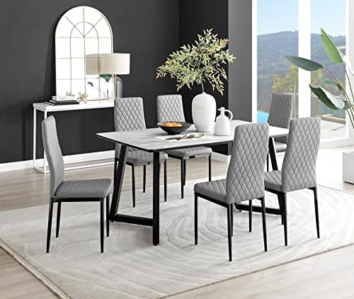 Image of Furniturebox UK - White Marble Effect Melamine Dining Table & 6 Grey Milan Black Leg Chairs